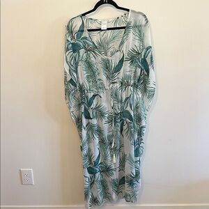 Kona Sol White Sheer Maxi Coverup with Green Tropical Leaf Print